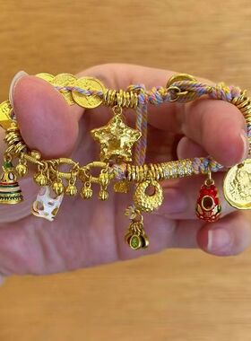 金色五帝钱锤纹星星盘缠手链手工编绳DIY财神胖福手绳编织钱币