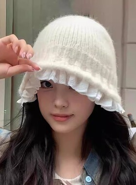 韩系蕾丝花边针织渔夫帽子女秋冬季保暖百搭显脸小毛线盆帽潮拍照