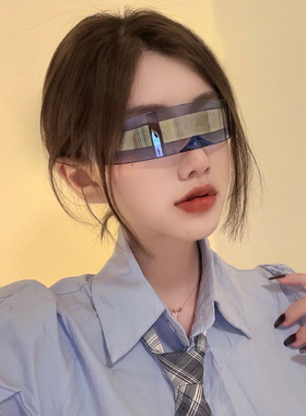 赛博朋克科技感眼镜潮男女发箍墨镜ins圆脸遮阳方脸未来银色镜片