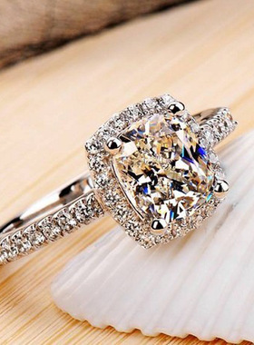 JZ008高仿真钻石欧美镀金戒指女款女士彩黄克拉枕形方钻婚戒结婚