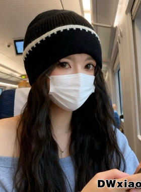 一戴即！秋冬套头帽时尚亮片毛绒针织帽黑色保暖冷帽毛线帽女卷边
