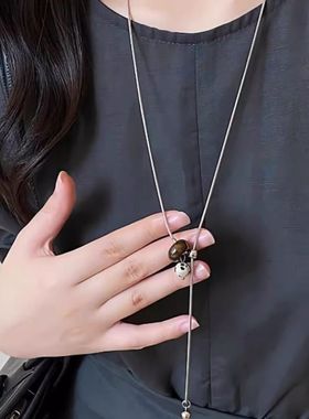 !秋冬长款虎眼石吊坠装饰项链女配饰可调节毛衣链十字架花朵爱心