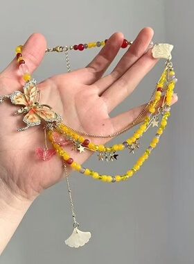 黄色滴油蝴蝶串珠银杏叶流苏项链春夏辣妹甜酷风叠戴锁骨链女款