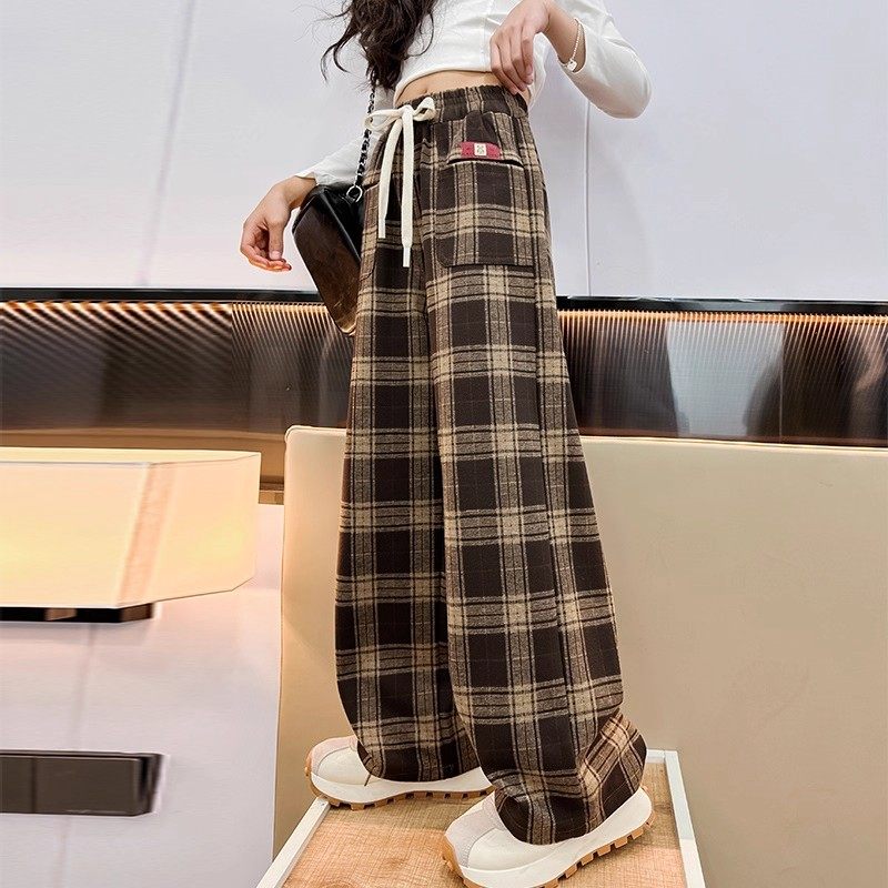 女童格子阔腿裤秋冬款2025新款儿童春秋款休闲裤子大童加绒直筒裤,淘宝优惠券,粉丝福利购,淘宝优惠卷