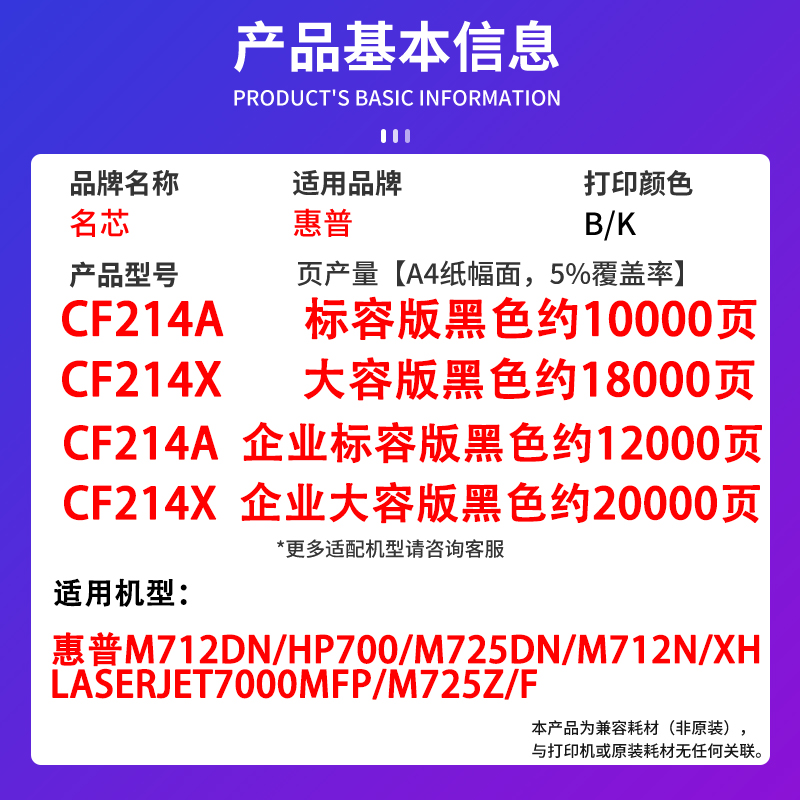 名芯适用惠普CF214A硒鼓M712dn HP700 M725dn M712n/xh激光打印机墨盒LaserJet 7000mfp M725z/f成像鼓 - 图1