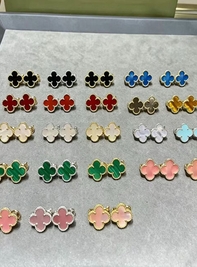 红玉髓18k玫瑰金四叶草耳钉女耳环高级感耳拍贝母黄金红玛瑙耳饰