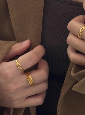 中古风金色马蹄扣开口戒指新款复古小众设计精致百搭指环指戒