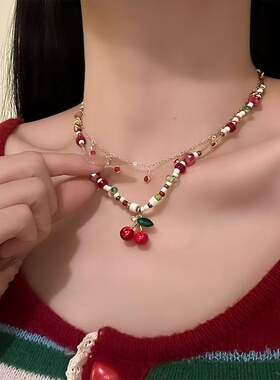 【撞色红樱】甜美彩色多巴胺串珠项链女红色樱桃锁骨链春夏新款