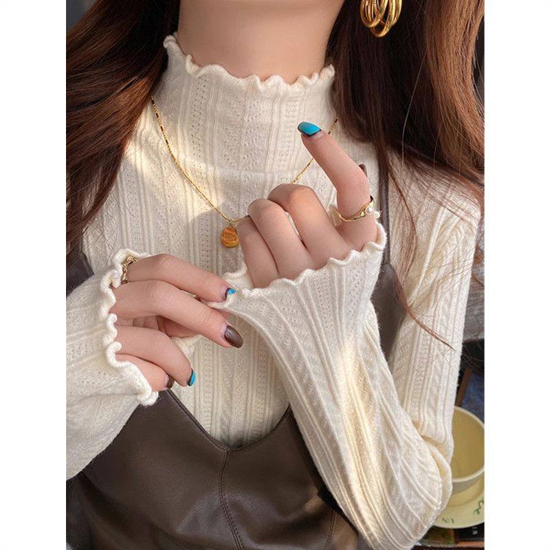 半高领洋气木耳边打底衫女早春秋冬季肌理感针织毛衣大码内搭上衣,淘宝优惠券,粉丝福利购,淘宝优惠卷