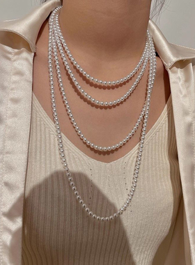 2026秋冬新款冷光澳白色人造珍珠项链长款多层叠戴毛衣链高级感