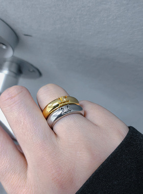 戒指CL欧美潮牌赛家戒指凯旋门浮雕金色素圈戒指高级感情侣戒指女