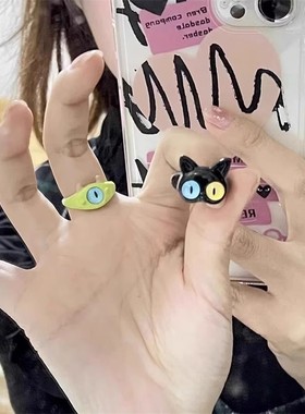 童趣可爱搞怪黑色猫咪怪兽戒指