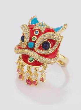 2026新品时尚国风醒狮流苏新年礼物戒指时尚气质设计感精致指环女