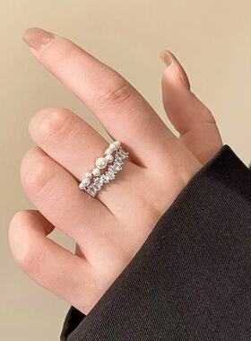 欧饰泥合金珍珠镶钻活口戒指女士