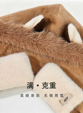 狐狸耳朵毛绒帽子围巾手套一体女秋冬保暖东北防寒三件套适合黑色
