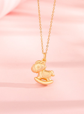 s999纯银摇摇小木马项链女立体足银小马可爱时髦吊坠锁骨链黄金