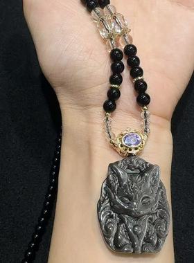 天然银曜石九尾狐吊坠情侣款挂件