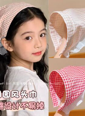 儿童法式红格子头巾发箍一体女童田园风蕾丝边三角巾宝宝头箍头饰