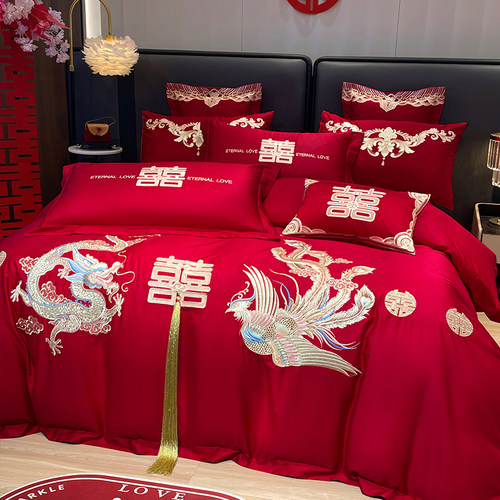 婚庆四件套婚嫁新婚床品刺绣被套红色龙凤婚房婚床喜庆中式套件 - 图1