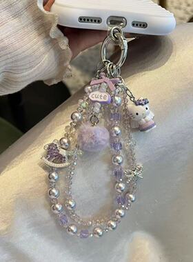 2026新紫色闪钻木马毛球串珠手机链kitty猫手机挂件钥匙链包挂件