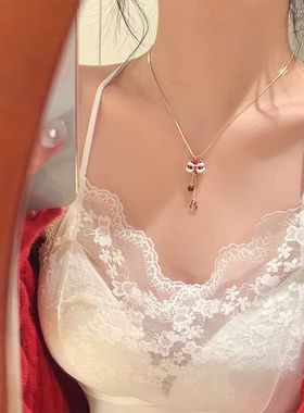 国潮红色滴釉醒狮纳福项链女轻奢小众高级感长款毛衣链本命年配饰