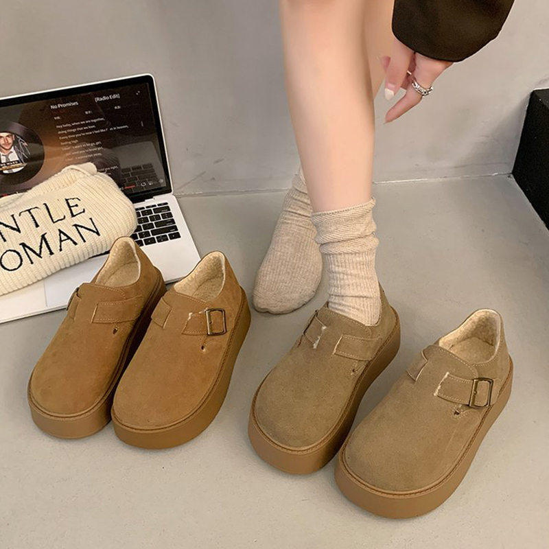 勃肯鞋女单鞋加绒2025年秋冬新款厚底小个子一脚蹬乐福鞋毛绒百搭 - 图2