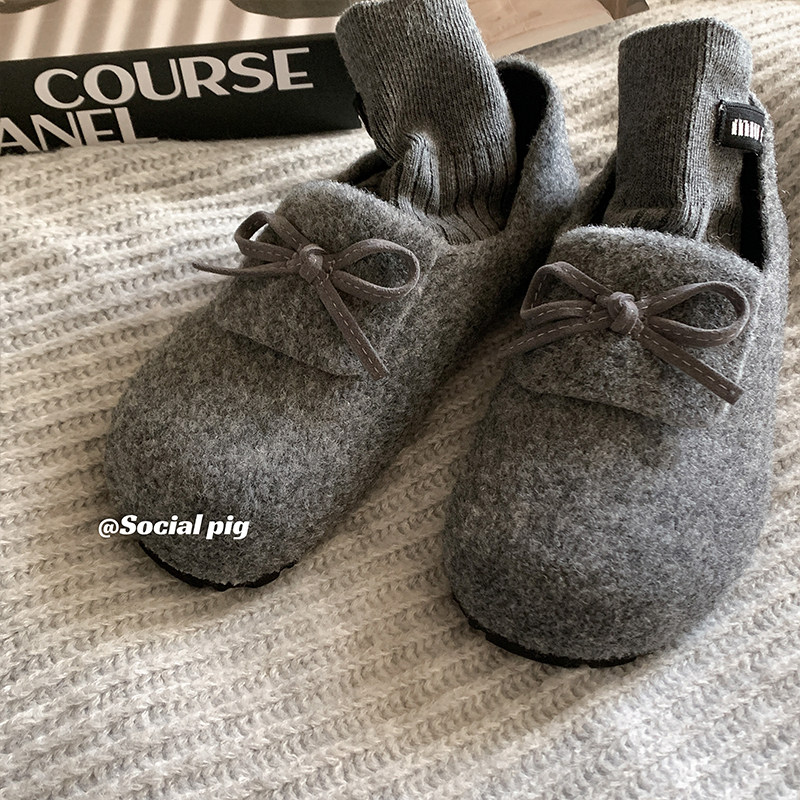 秋冬~感！毛呢勃肯鞋女加绒一脚蹬单鞋女平底圆头蝴蝶结黑色红色,淘宝优惠券,粉丝福利购,淘宝优惠卷