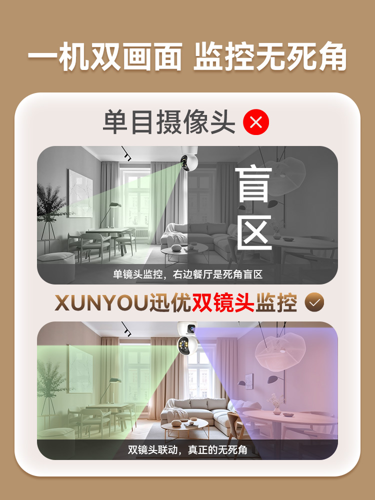 摄像头家用远程手机无线室内监控器360度全景带语音wifi可连家庭店铺用商用门口高清无死角夜视智能摄影头