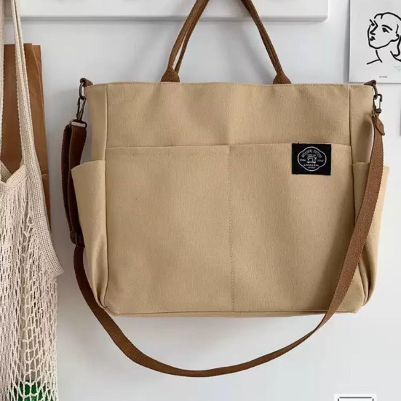 加厚多口袋文艺托特帆布学生电脑简约手提单肩斜挎包2025隔层可放 - 图3