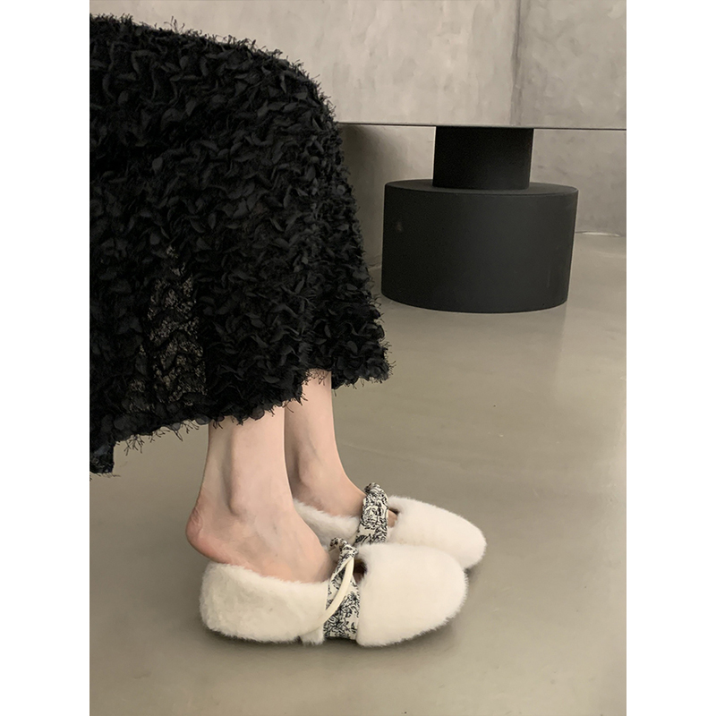 水貂毛平底加绒毛毛鞋女外穿2025秋冬季新款保暖一脚蹬孕妇棉瓢鞋 - 图1
