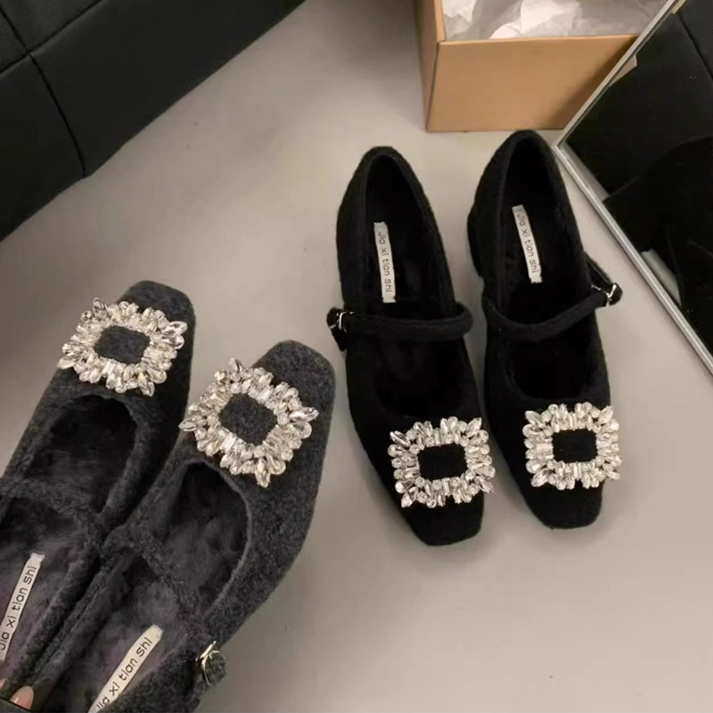 粗跟气质玛丽珍鞋法式晚晚方头水钻呢子毛毛鞋女秋冬外穿高跟单鞋,淘宝优惠券,粉丝福利购,淘宝优惠卷