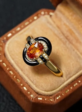 vintage独特芬达石滴油黑珐琅彩搭配复古中古风橘色戒指指环开口