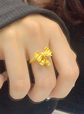 法式浪漫蝴蝶结铃兰花戒指女小众设计温柔风气质优雅百搭开口指环