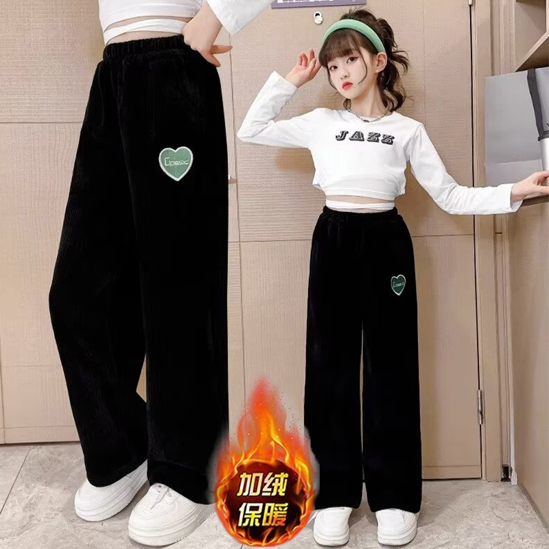 女童裤子加绒秋冬2026新款儿童女孩大童冬季加厚一体绒直筒阔腿裤 - 图0