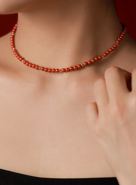 天然原矿朱砂帝王砂项链极细简约手工制作串珠颈链锁骨链女款