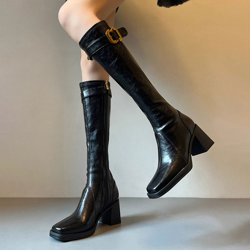 辣妹风高跟长筒靴女2025秋冬新款方头长靴子骑士靴黑色高筒腿型,淘宝优惠券,粉丝福利购,淘宝优惠卷
