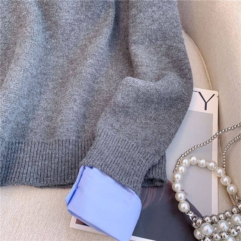 假两件衬衫领毛衣女秋冬季大码内搭慵懒风撞色翻领灰色套头针织衫,淘宝优惠券,粉丝福利购,淘宝优惠卷