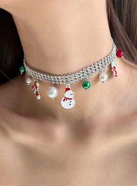 圣诞节白色雪人闪钻choker项链女新款冬季氛围感个性辣妹风穿搭潮
