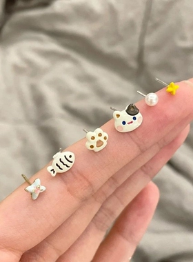 猫猫和小鱼~可爱套装耳钉女小众设计甜美耳环森系新款ins爱心星星