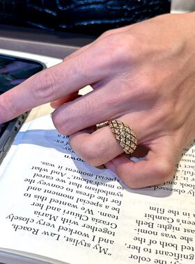 vintage中古黑金点钻菱格宽面戒指时尚轻奢精致高级百搭食指戒女