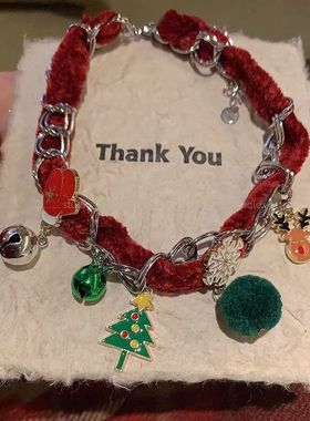 圣诞节红色毛绒项链~铃铛圣诞树麋鹿雪花choker项圈锁骨链颈链女