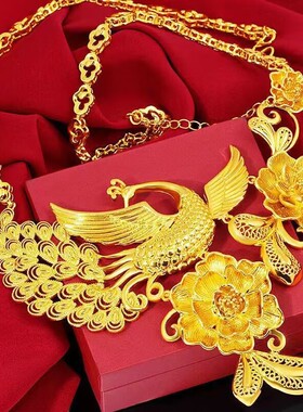 新娘结婚仿黄金首饰铜镀金大花项链三金婚庆饰品龙凤婚庆项链
