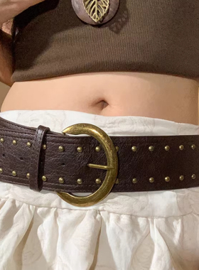 女新款时尚小众系带上衣腰链百搭裤带松复古设计感红色皮带铆钉