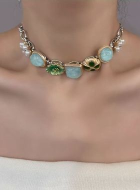 古着vintage项链蓝金色贝壳星芒串珠项链叠戴小众轻奢时尚复古风