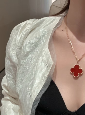 高定品质超闪太阳花项链18k彩金幸运草大号红玛瑙白贝母人工