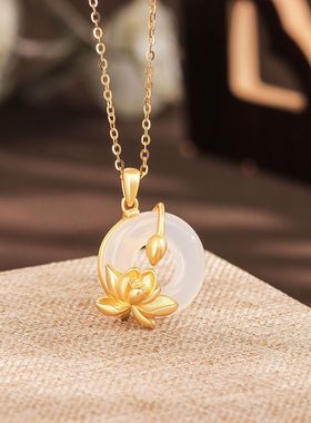 s925纯银莲花平安扣项链女高级感轻奢小众新款玉髓吊坠送生日礼物