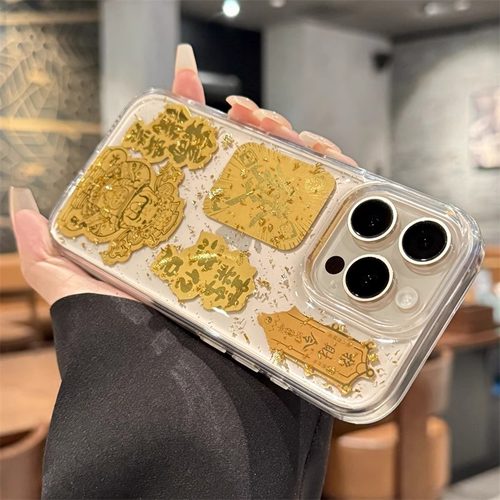 金箔财神爷适用苹果16手机壳新款iphone15promax高级感14新年透明13全包防摔12硅胶11保护套硬17超薄散热air - 图0