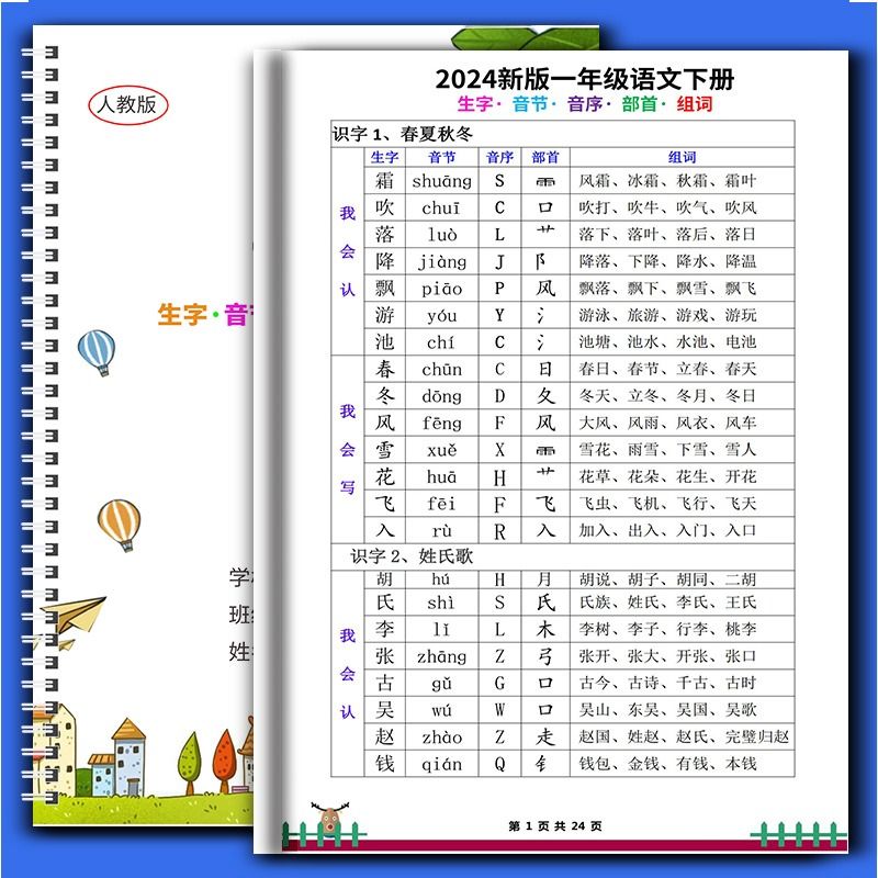 部编人教版一二三四年级上册下册小学语文生字组词拼音音序音节部首预习复习2024课文同步