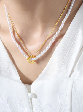 法式轻奢复古双层镂空吊坠串珠项链钛钢18k金西太后百搭气质饰品