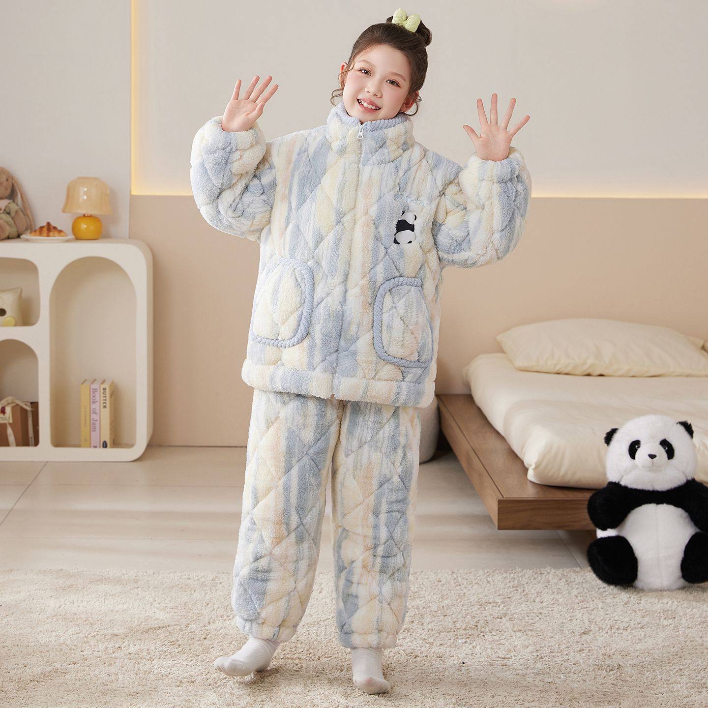 女童冬季卡通熊猫三层夹棉睡衣加厚保暖儿童珊瑚绒女孩冬款家居服,淘宝优惠券,粉丝福利购,淘宝优惠卷